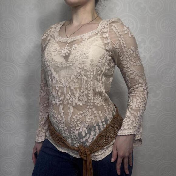 Tops - Sheer Cream Lace Long Sleeve Blouse Boho Flared Sleeves Womens S/M by Wishlist